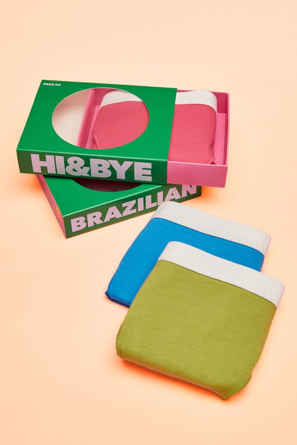 Pack 3 panties brasileros algodón logo verde, fucsia y azul
