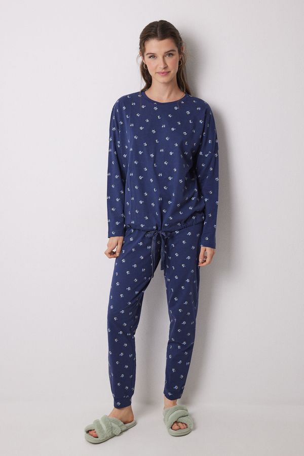Pijama larga 100% algodón azul flores