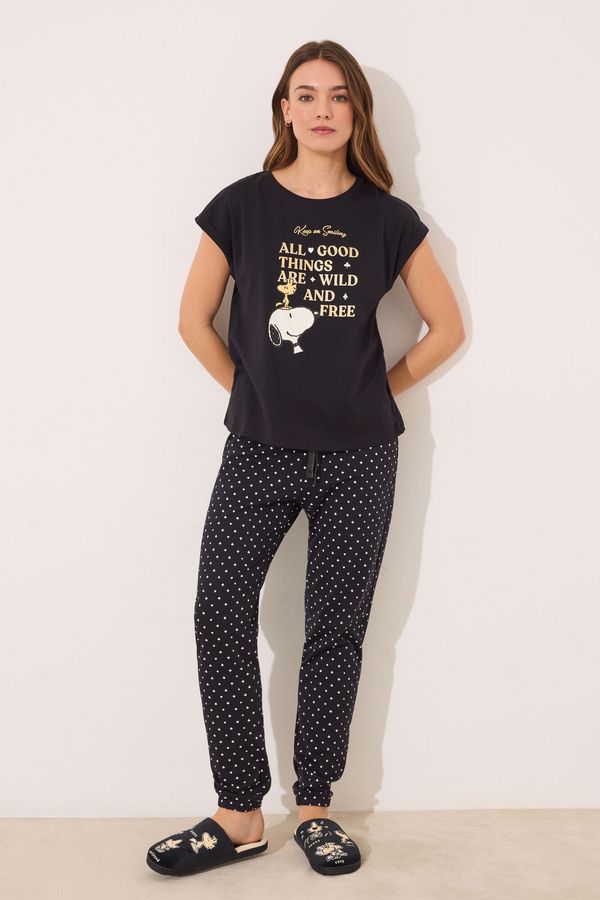 Pijama larga 100% algodón Snoopy negro