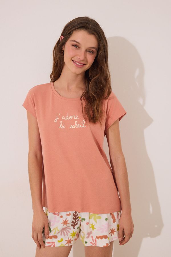 Pijama corta algodón naranja hojas
