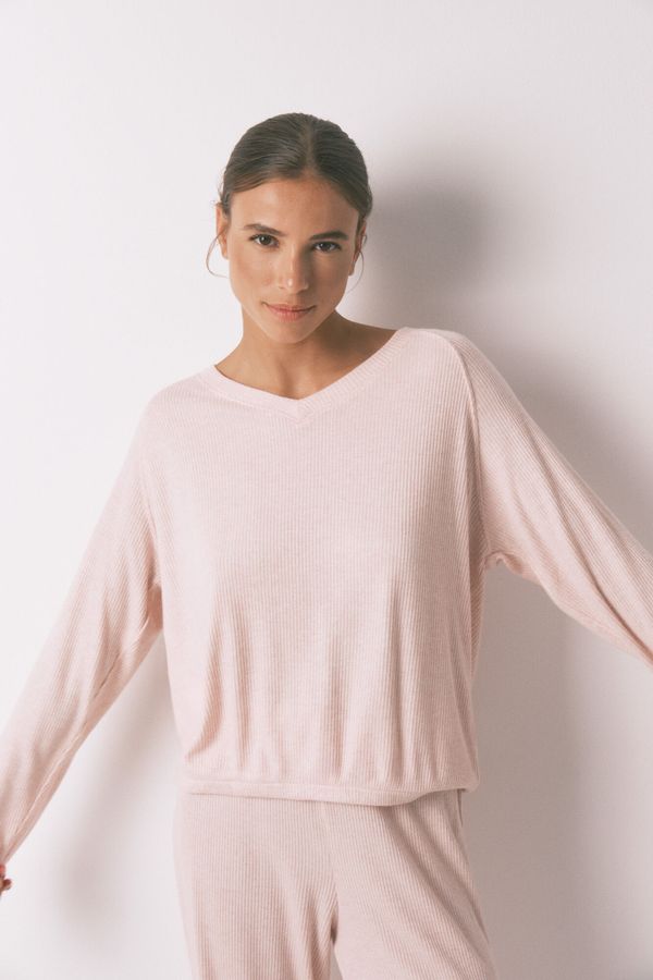 Pijama larga canalé perchado rosado