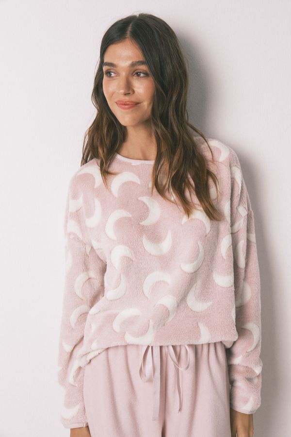 Pijama larga polar mousse lunas rosado