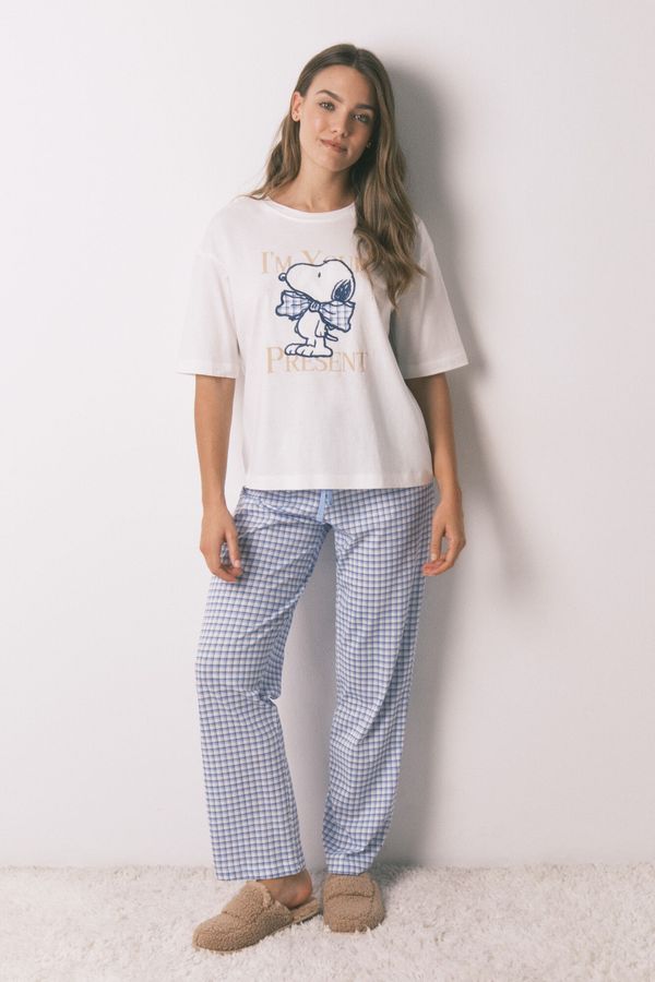 Pijama larga manga corta algodón Snoopy Vichy azul