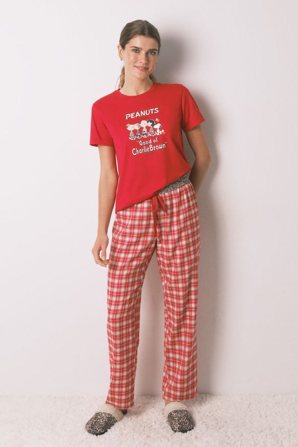 Pijama larga 100% algodón rojo cuadros Snoopy